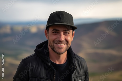 Portrait of a handsome young man in a black leather jacket and cap smiling at the camera on the top of a mountain © Robert MEYNER