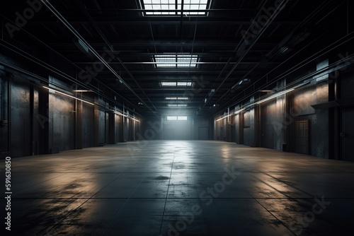 Three dimensional render of dark empty warehouse. AI generated © yuliachupina