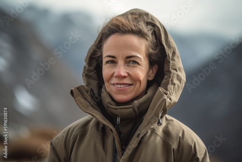 Portrait of a beautiful middle-aged woman in the mountains.