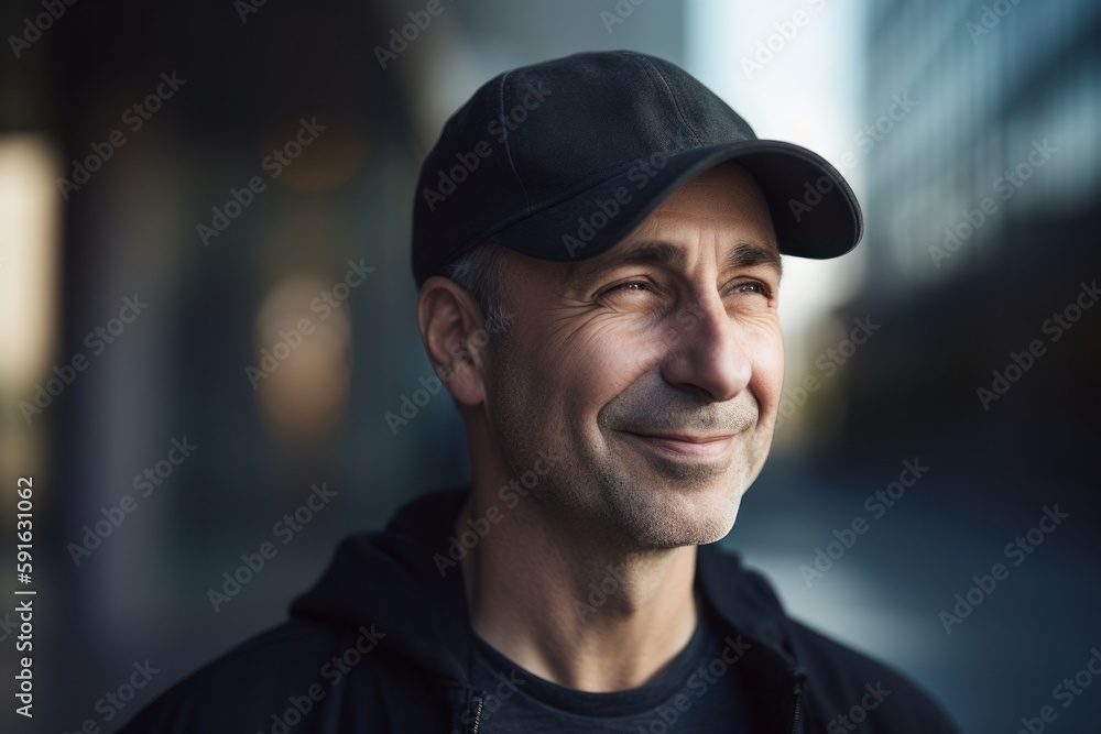 Headshot portrait photography of a satisfied man in his 40s wearing a cool cap or hat against a modern architectural background. Generative AI Headshot portrait photography of a satisfied man in his 40s wearing a cool cap or hat against a modern architectural background. Generative AI