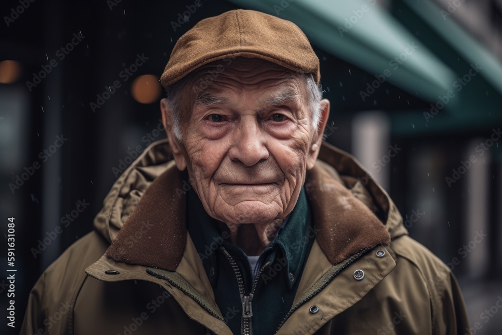 Portrait of an elderly man in a cap in the rain.