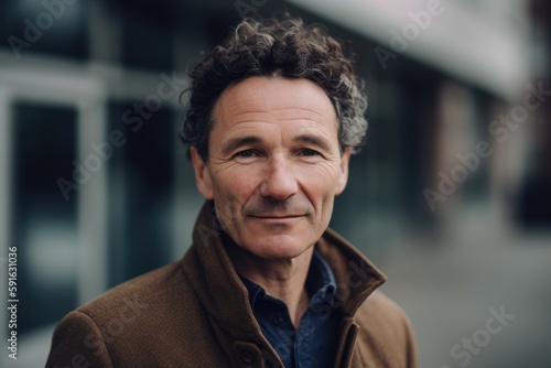 Portrait of handsome mature man with curly hair in the city. © Robert MEYNER