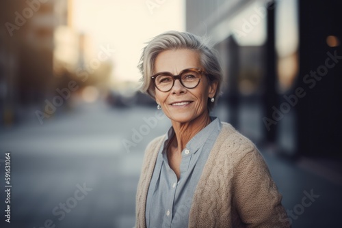 Portrait of smiling senior woman in eyeglasses looking at camera in city