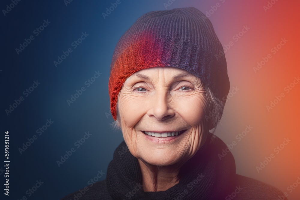 Smiling senior woman wearing a hat and scarf on a blue background Smiling senior woman wearing a hat and scarf on a blue background