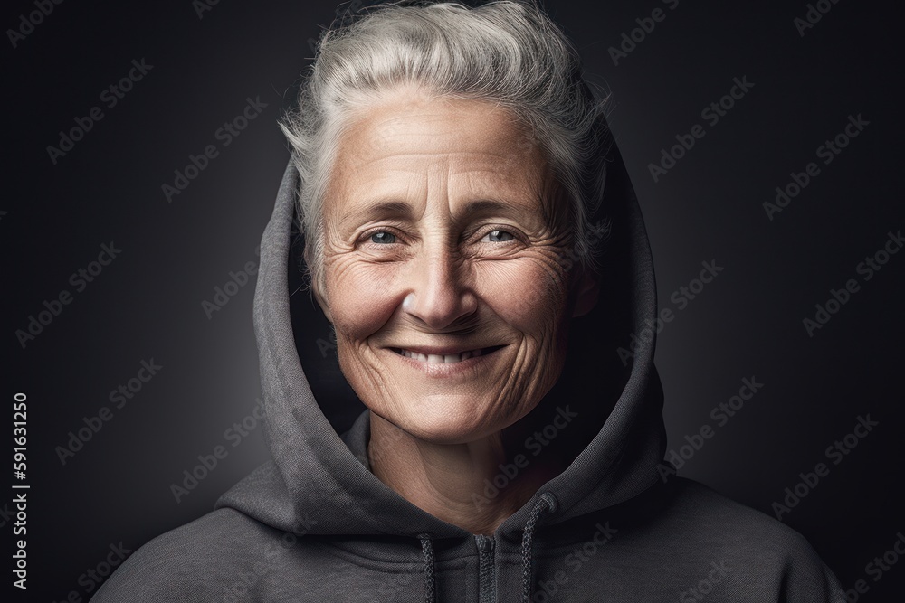 Portrait of a smiling senior woman in hoodie against black background Portrait of a smiling senior woman in hoodie against black background