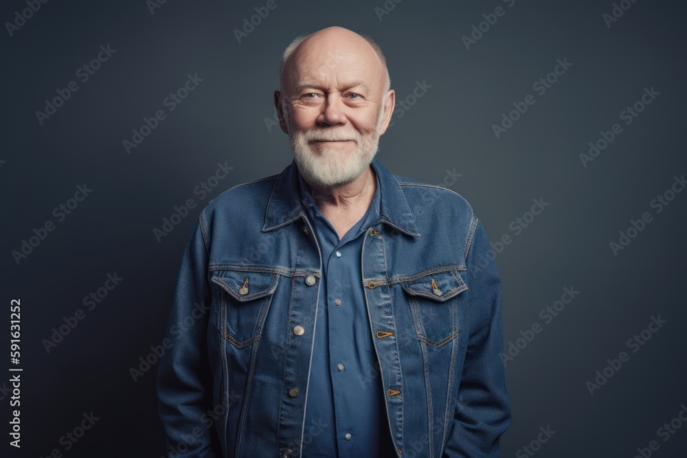 Portrait of a senior man in a denim jacket on a gray background Portrait of a senior man in a denim jacket on a gray background