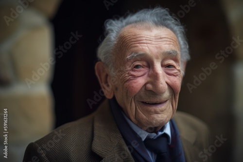 Portrait of an old man with a smile on his face.