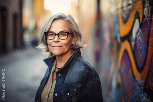 Portrait of smiling senior woman with eyeglasses against graffiti wall