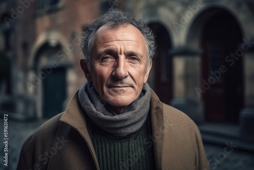 Portrait of an old man with grey hair and scarf in the city
