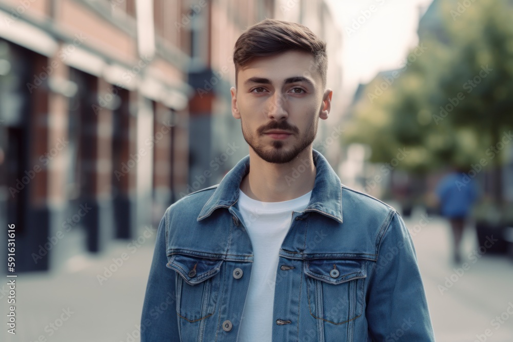 Portrait of a handsome young man with a beard in a denim jacket in the city Portrait of a handsome young man with a beard in a denim jacket in the city
