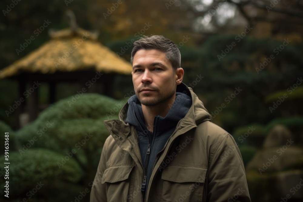Handsome young man in a green jacket in a Japanese garden Handsome young man in a green jacket in a Japanese garden