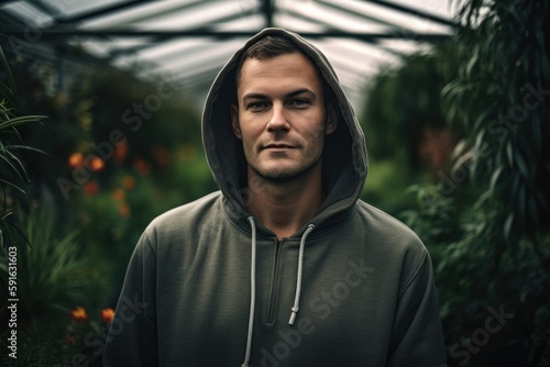 Portrait of a handsome young man in a greenhouse, wearing hoodie.