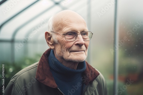 Portrait of senior man with eyeglasses looking away while standing in greenhouse