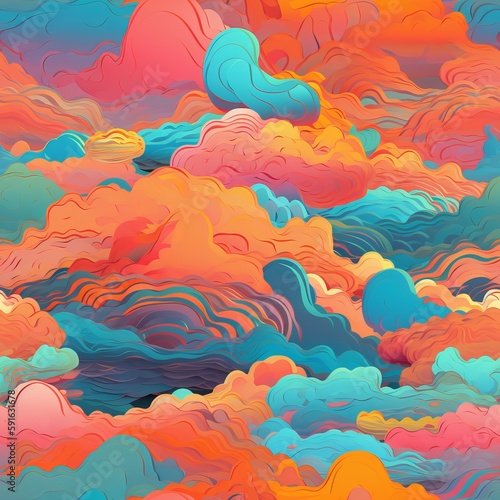 Seamless pattern of magnificent and realistic calming clouds, in beautiful colors that are welcoming, sunny, and bright. AI generation © BLACK AND WHITE LOGO