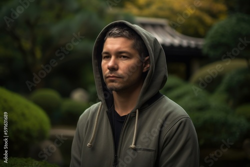 Studio portrait photography of a satisfied man in his 30s wearing a stylish hoodie against a japanese garden or zen background. Generative AI