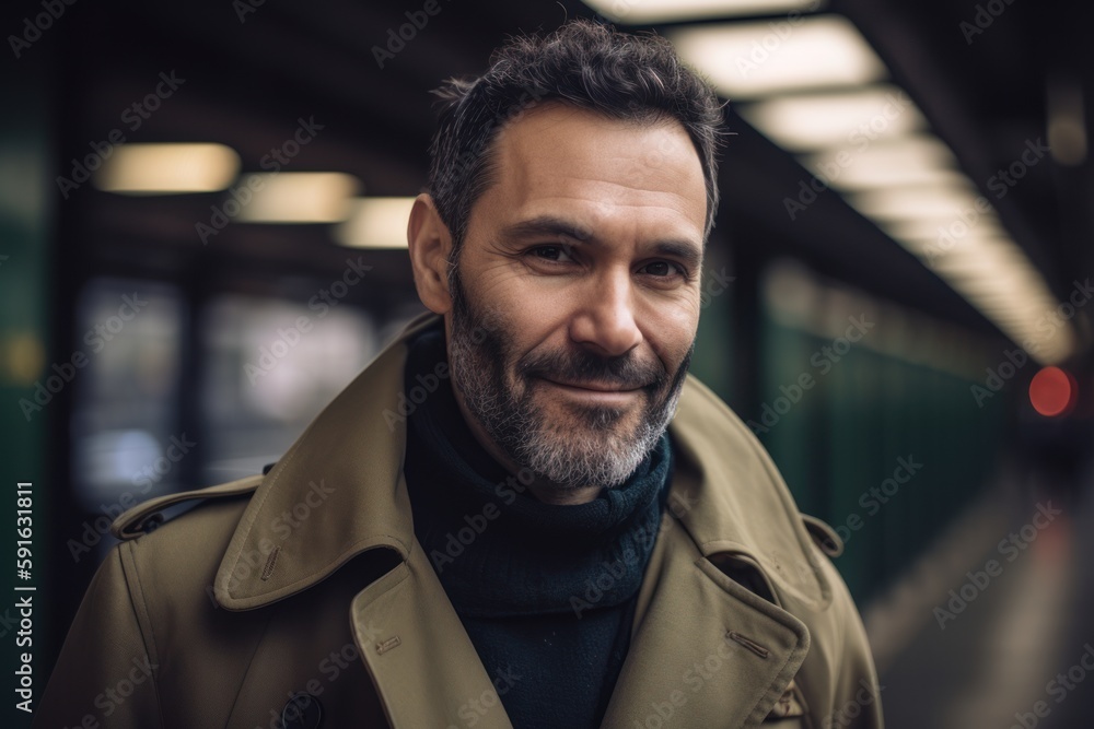 Obraz premium Portrait of a handsome bearded man in a beige coat in the subway station.