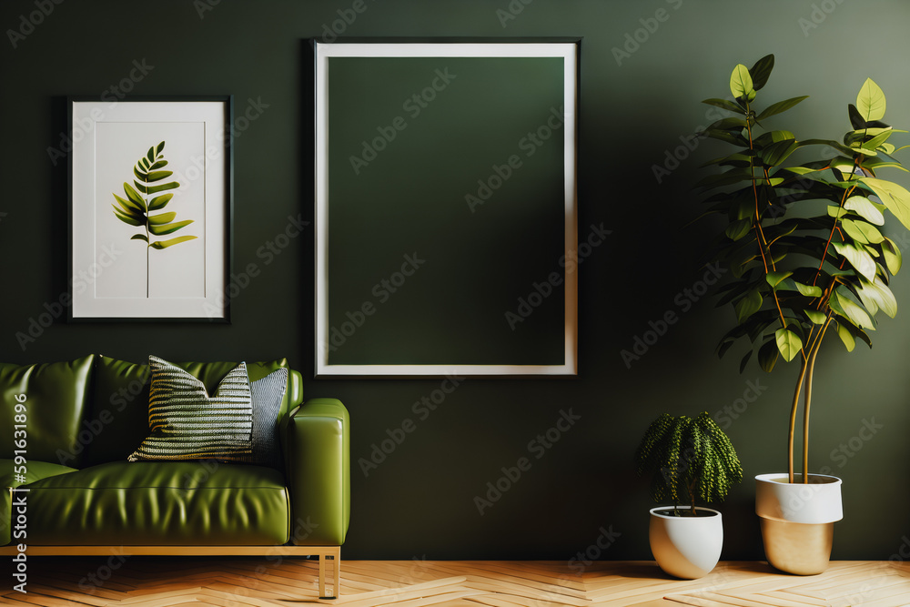 Green interior with sofa, pillows, plants and empty posters in frames with mock up on dark wall. Generative AI. Green interior with sofa, pillows, plants and empty posters in frames with mock up on dark wall. Generative AI.