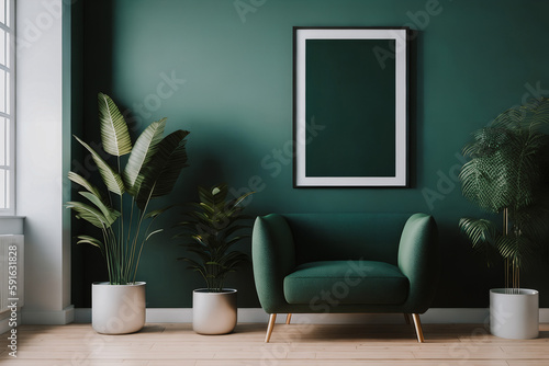 Green interior with armchair, plants, window and empty poster with mock up in frame. Generative AI. photo