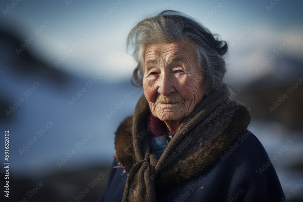 Portrait of an elderly woman in the winter in the mountains.