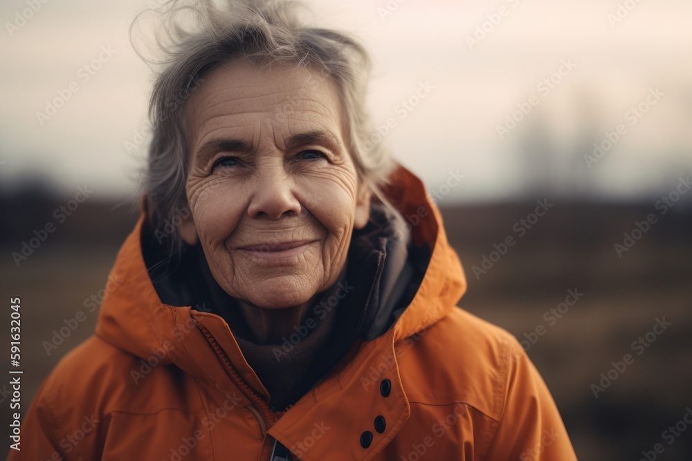 Portrait of a senior woman in an orange jacket on the nature. Portrait of a senior woman in an orange jacket on the nature.