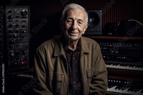 Portrait of an old man in the recording studio, looking at the camera.