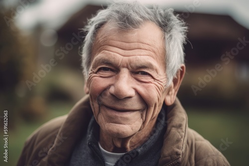 Portrait of a senior man with grey hair smiling in the countryside