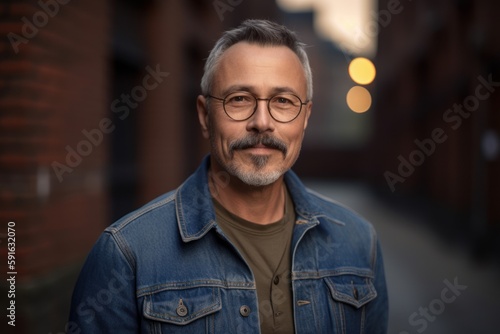 Portrait of a handsome mature man in jeans jacket and eyeglasses