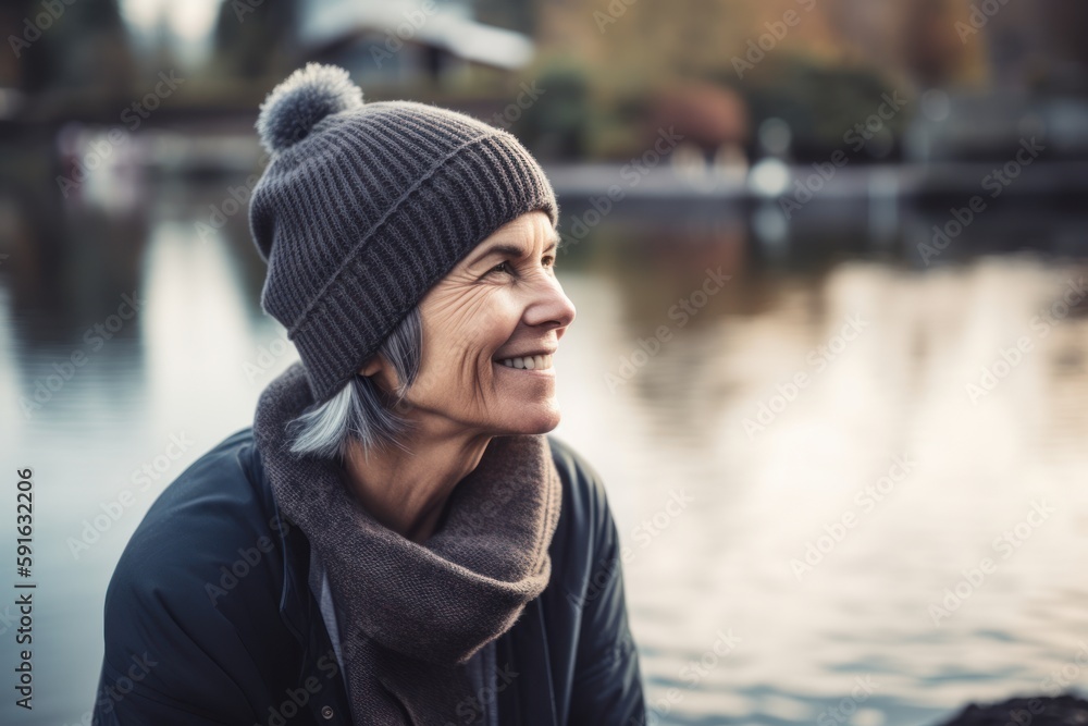 Portrait of a smiling middle aged woman in the autumn park.