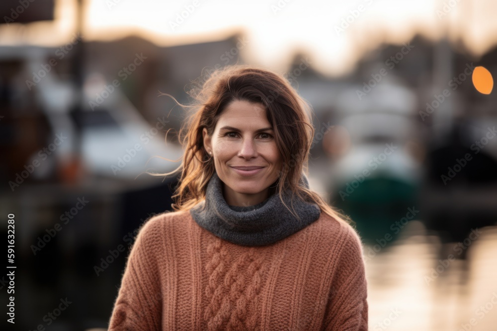 Portrait of a beautiful young woman with long brown hair in a warm knitted sweater