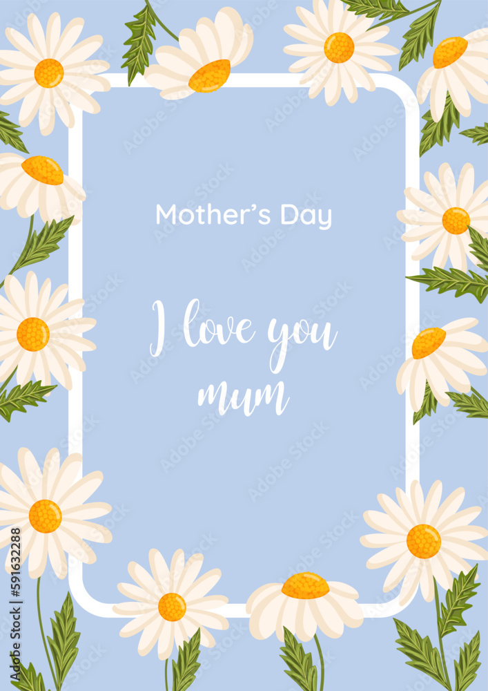 Mother's day greeting card. Vector frame with daisies. Chamomile floral illustration for congratulations or decor etc. Flowers for spring and summer holidays.