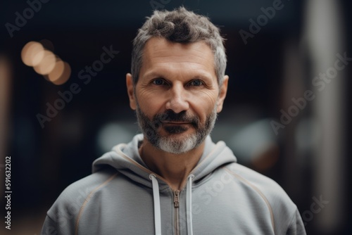 portrait of handsome middle aged man in sportswear looking at camera