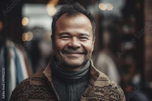 Close-up portrait photography of a pleased man in his 40s wearing a cozy sweater against an antique shop or vintage market background. Generative AI