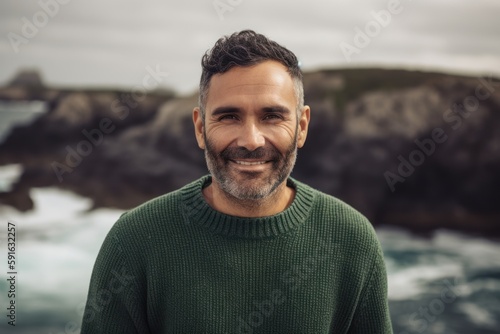 Group portrait photography of a pleased man in his 30s wearing a cozy sweater against a tropical island background. Generative AI © Robert MEYNER