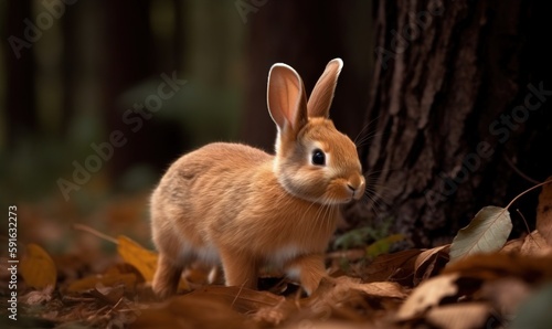  a rabbit is standing in the leaves near a tree in the forest. generative ai