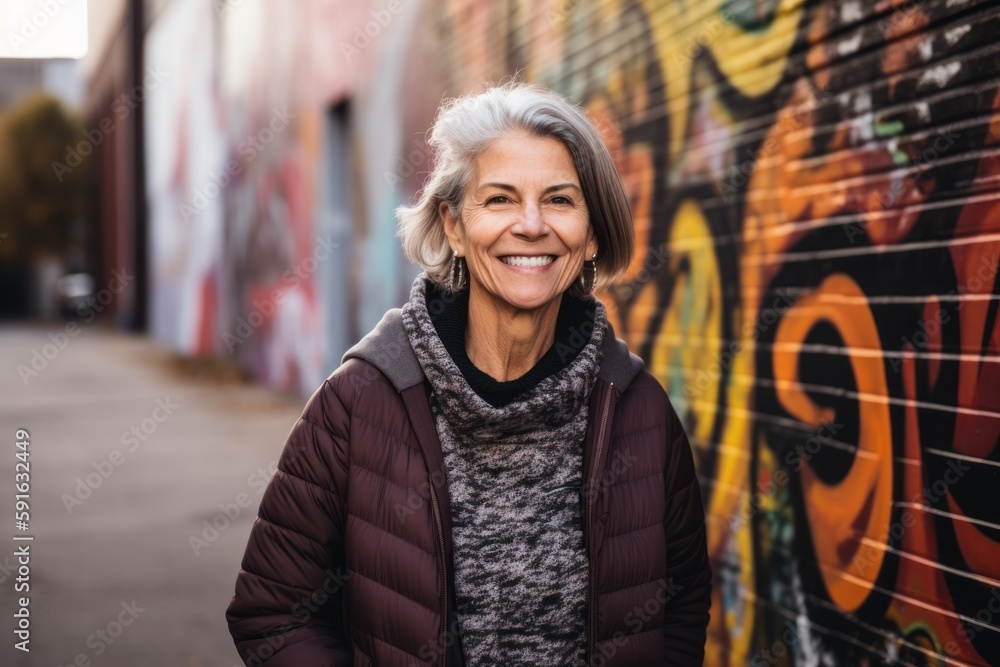 Portrait of smiling mature woman standing in front of graffiti wall in city