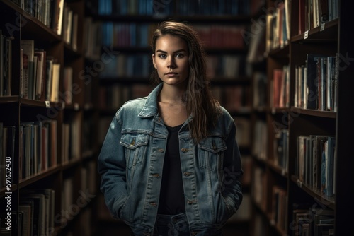 Portrait of a beautiful young woman in jeans jacket standing in a library