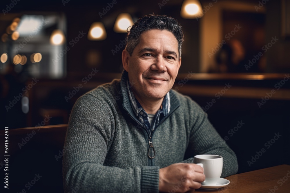 Portrait of smiling mature man sitting at table in cafe and drinking coffee Portrait of smiling mature man sitting at table in cafe and drinking coffee