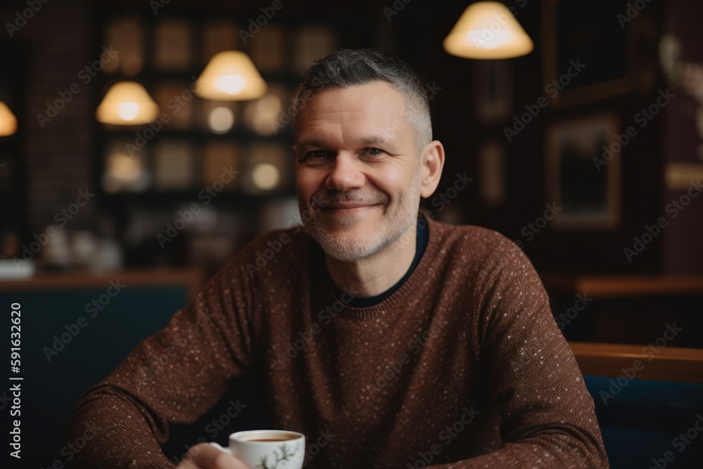 Portrait of a smiling middle-aged man in a cafe. Portrait of a smiling middle-aged man in a cafe.