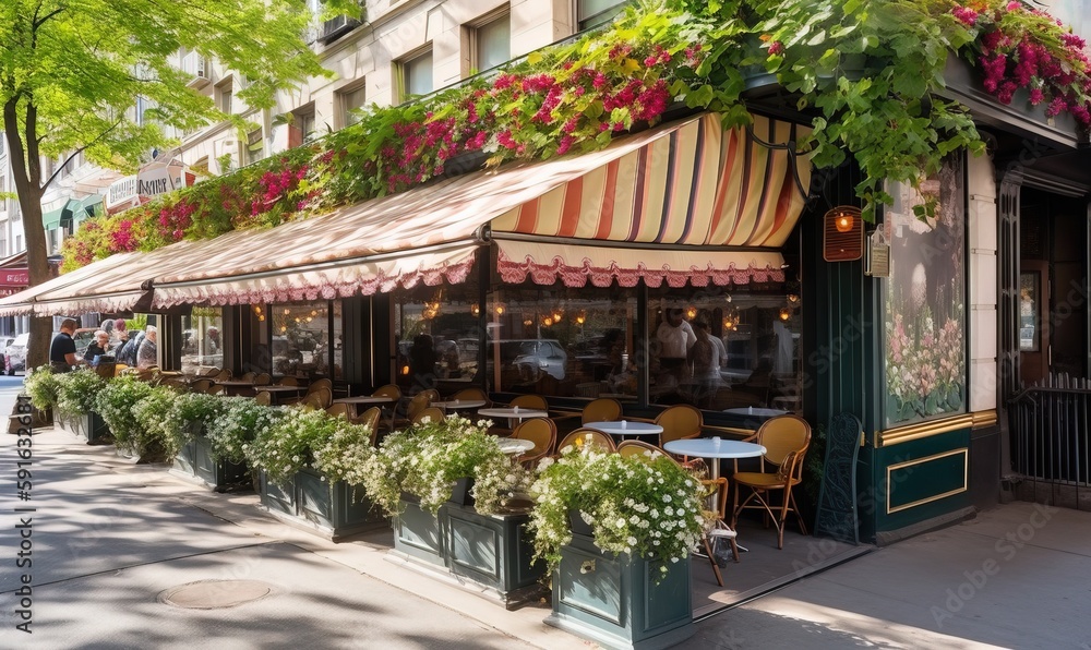  a restaurant with flowers on the awnings on a city street.  generative ai