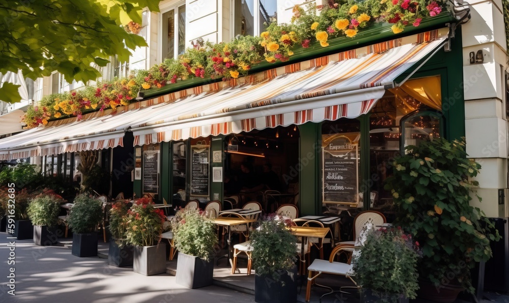 Fototapeta premium a store front with flowers on the awning and tables and chairs outside. generative ai