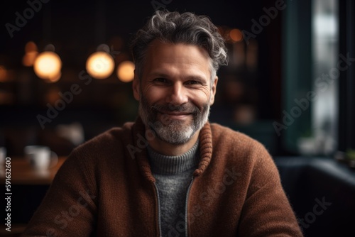 Portrait of handsome middle-aged man looking at camera and smiling while sitting in cafe