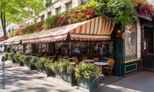  a restaurant with flowers on the awnings on a city street. generative ai