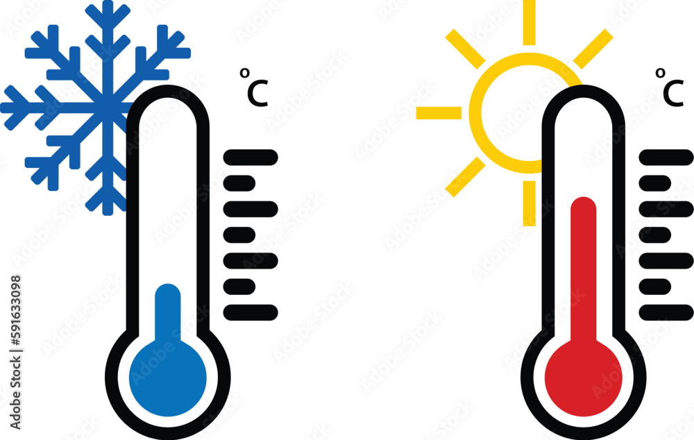 Hot and cold meteorology thermometers on transparent background. Blue and red thermometers. Vector illustration - obrazy, fototapety, plakaty 