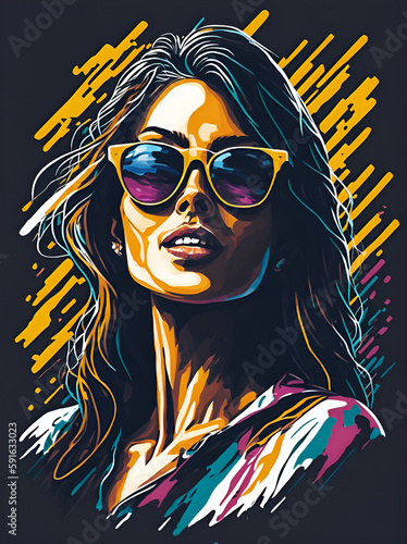 Beautiful happy girl wearing trendy sunglasses. AI generated illustration