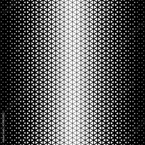 Black and white halftone triangles pattern. Abstract geometric gradient background. Vector illustration.