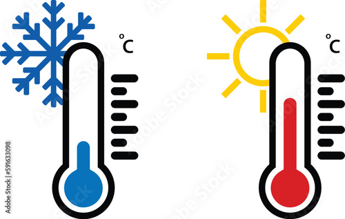 Hot and cold meteorology thermometers on transparent background. Blue and red thermometers. Vector illustration