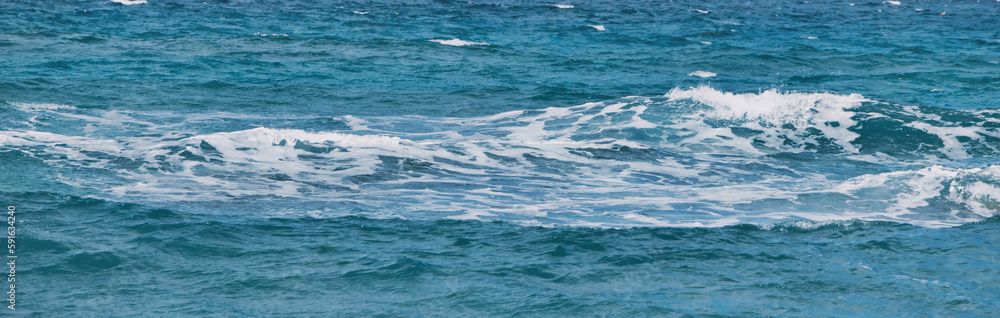 Fototapeta premium Blue seascape banner. Ocean water background with waves texture pattern