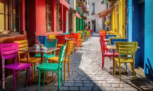  a row of brightly colored tables and chairs on a cobblestone street.  generative ai © Anna