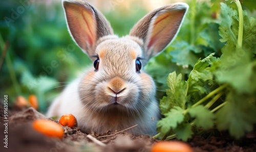  a rabbit is sitting in the dirt with carrots around it.  generative ai