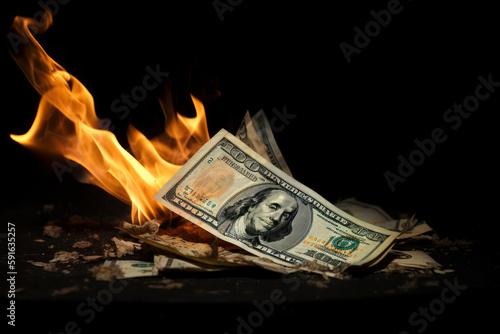 Burning money with flame font, a powerful symbol of the dangers and risks of extravagance and materialism, cautionary metaphor for financial ruin. AI Generative